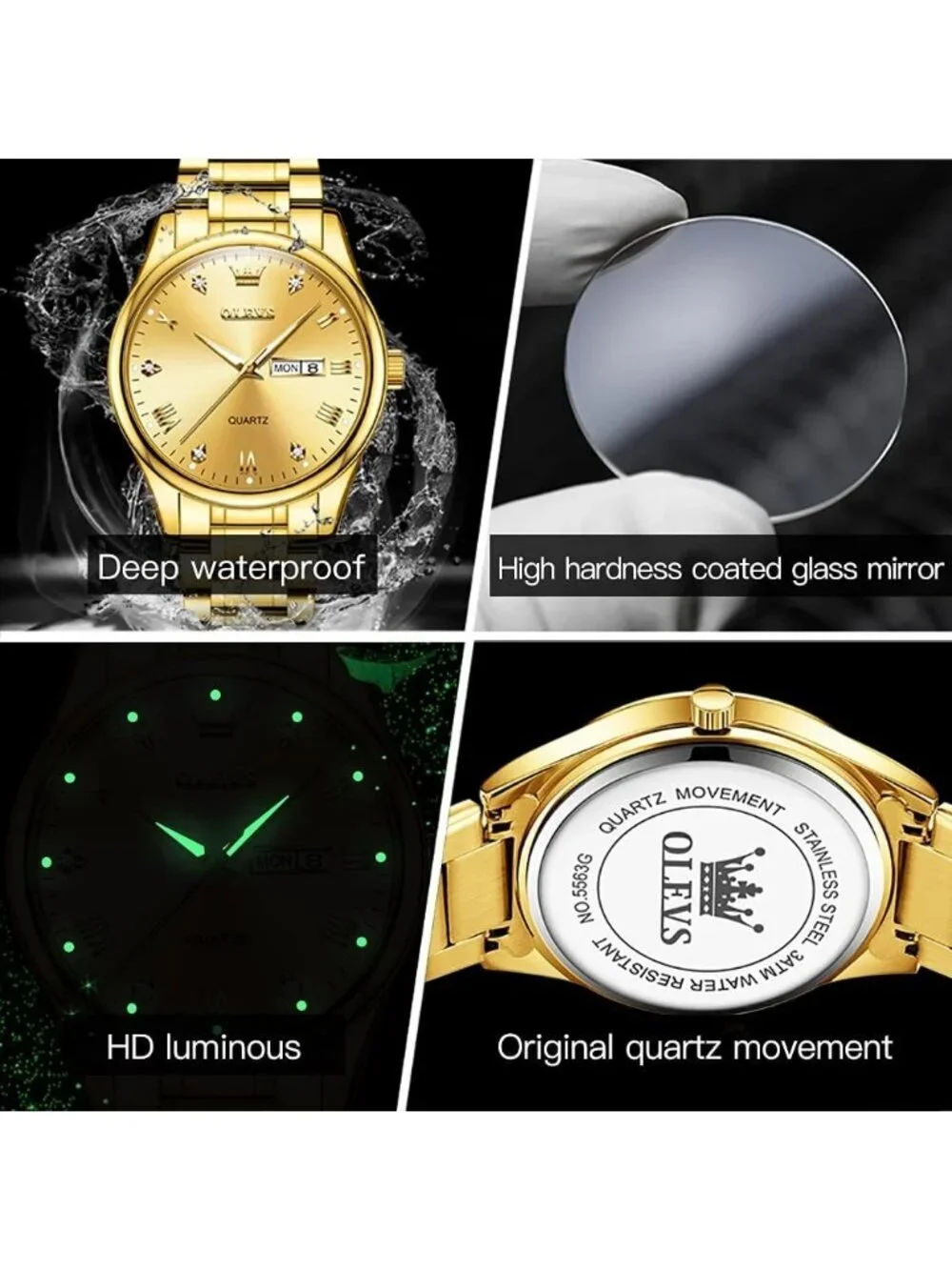 Men's All Gold Stainless Steel Luminous Quartz Waterproof Round Classic Watch